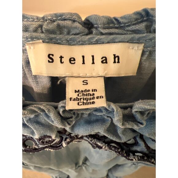 Stellah Washed Denim Puff-Sleeve Tiered Mini Dress Women's Size Small Western - Picture 3 of 6